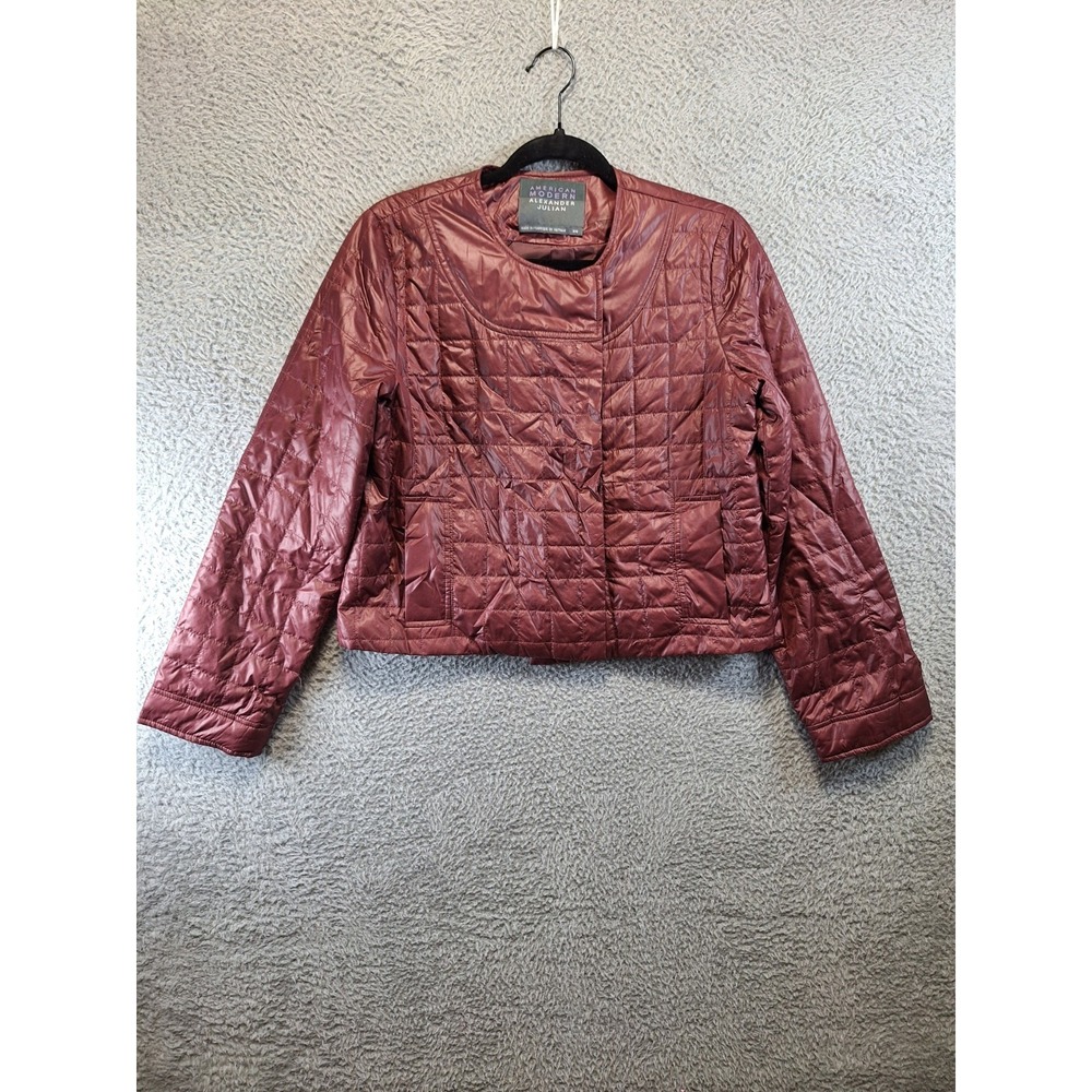 American Modern Alexander Julian Quilted Crop Jacket Women M Burgundy Snap Front
